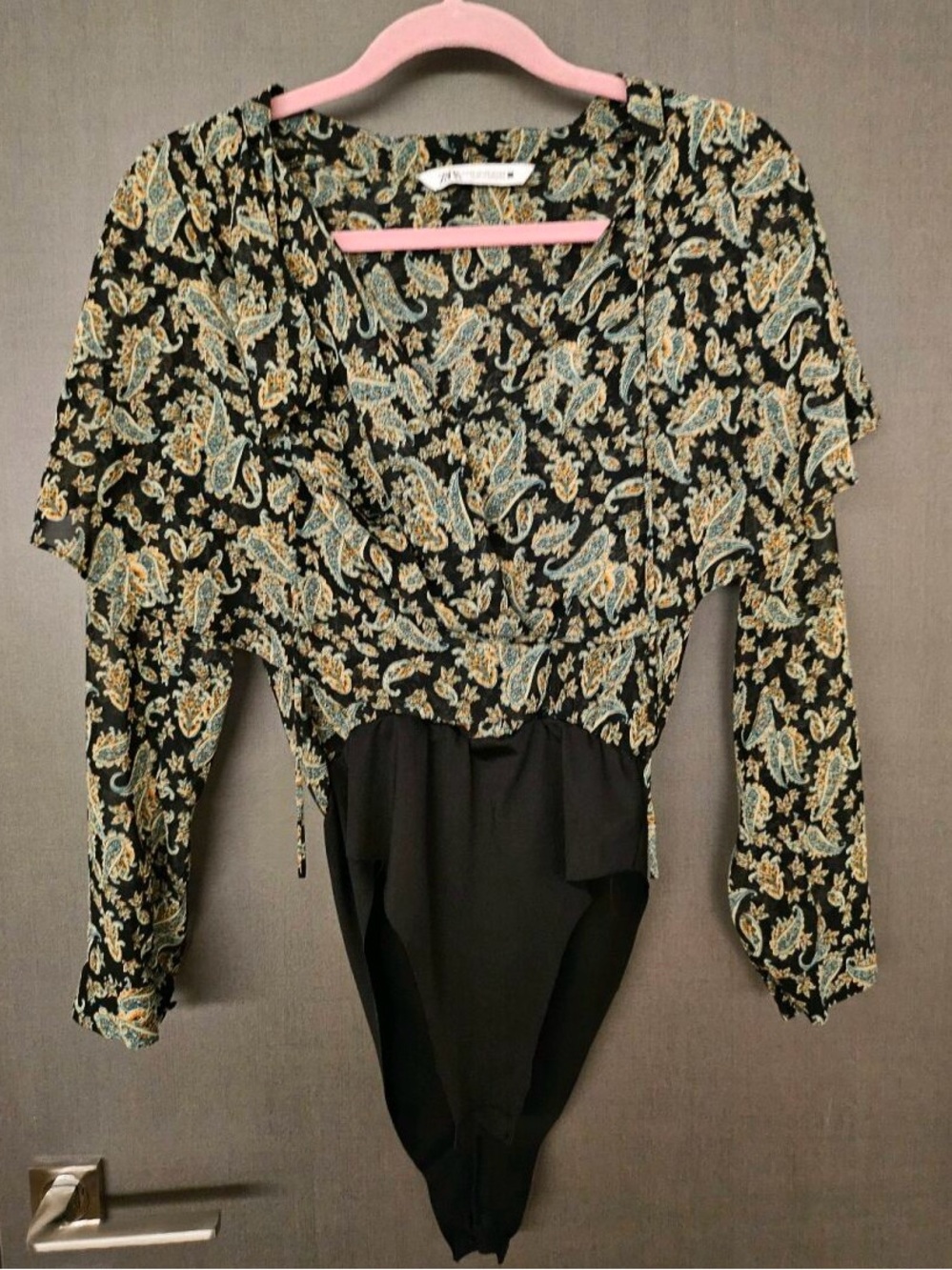 Zara Black Paisley Surplice Bodysuit with Teal and Gold Accents